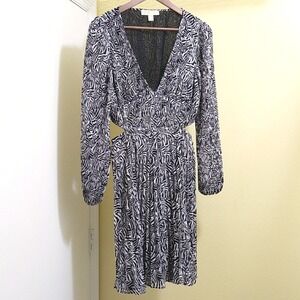 Michael Michael Kors Zebra Print Cut-Out V-Neck Midi Dress Black White Large